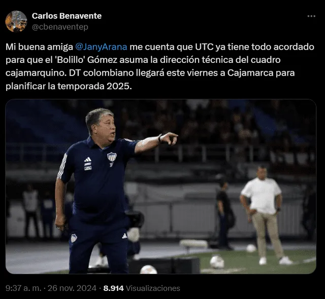  Hernán Gómez tuvo como último equipo a las Águilas Doradas de Colombia. Foto: captura de X/Carlos Benavente   