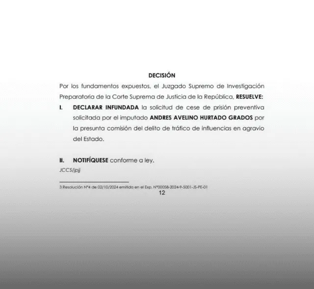 Resolución del Poder Judicial que ratifica prisión preventiva contra Andrés Hurtado. Foto: difusión   