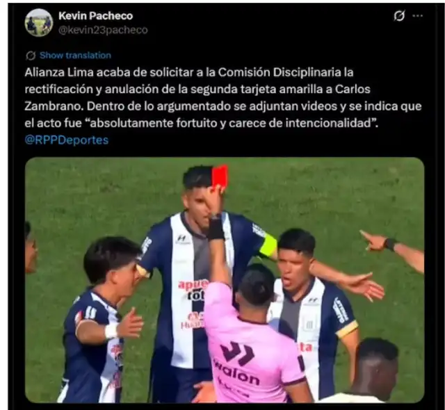 Alianza buscará la rectificación y la anulación de la roja a Zambrano. Alianza buscará la rectificación y la anulación de la roja a Zambrano.