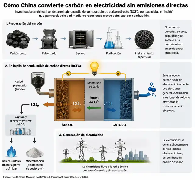 Proceso de conversión de electricidad con carbón por científicos chinos. Foto: South China Morning Post