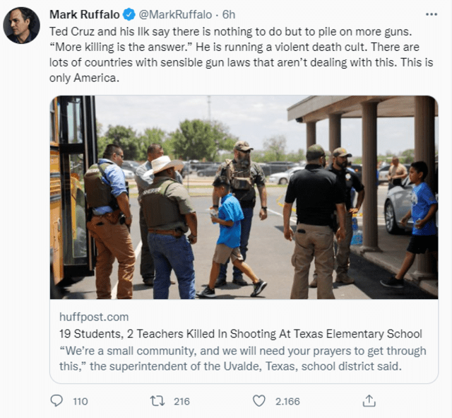 Mark Ruffalo lamenta lo sucedido en escuela de Texas. Foto: captura Twitter.