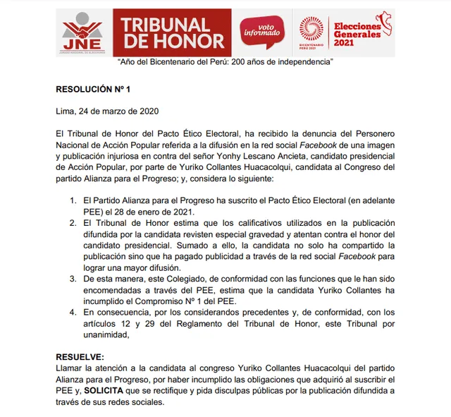 Resolución del Tribunal del PEE. Foto: difusión