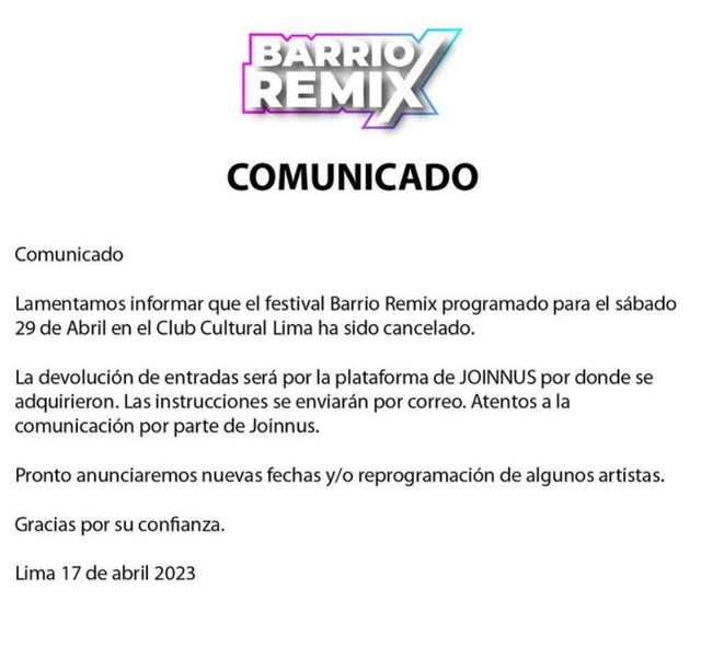  "Barrio remix" anuncia cancelación de espectáculo. Foto: @festivalbarriolatino/Instagram    