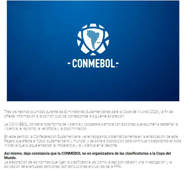 Comunicado de la entidad sudamericana. Foto: captura de pantalla/Conmebol   