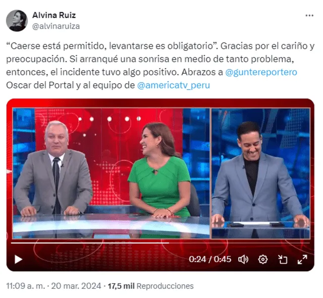  Alvina Ruíz toma con humor su caída en 'América noticias'. Foto: América TV    