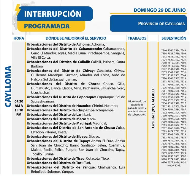 Seal anuncia corte de luz en algunos lugares de Arequipa para este domingo 29 de junio