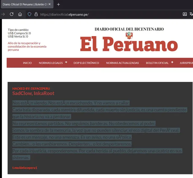  Mensaje de Deface Perú en la pagina oficial del diario El Peruano   