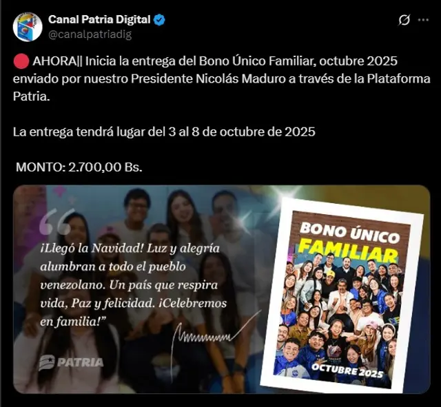 Anuncio del Bono Único Familiar de octubre 2025. Foto: Canal Patria Digital   