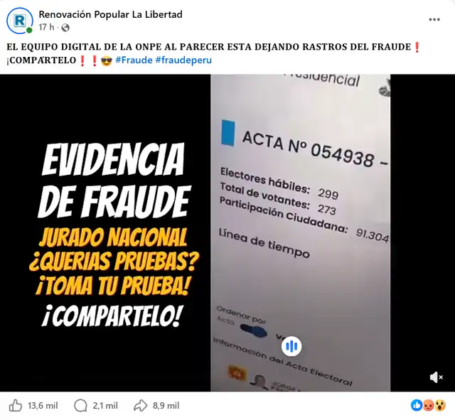 Video fue difundido por la página de Facebook Renovación Popular La Libertad. Foto: Facebook   