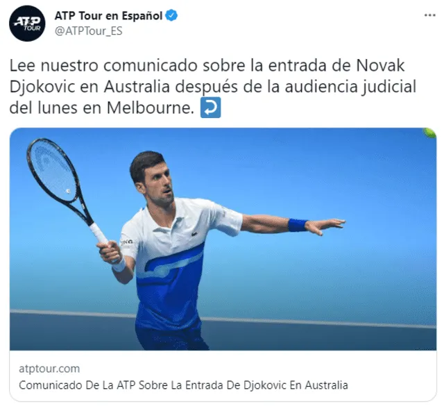 Tuit del ATP sobre el caso Novak Djokovic.