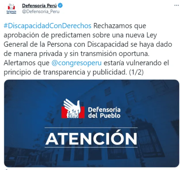 Tweet de la Defensoría del Pueblo.