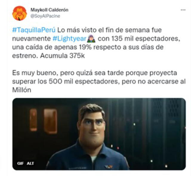 "Lightyear" es la película más vista en la taquilla peruana, según cifras de Maykoll Calderón