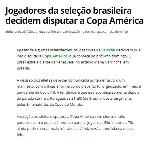 Publicación de Globo Esporte.