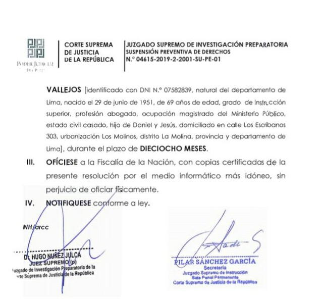 Resolución del juez Hugo Núñez Julca con la suspensión de Pedro Chávarry.