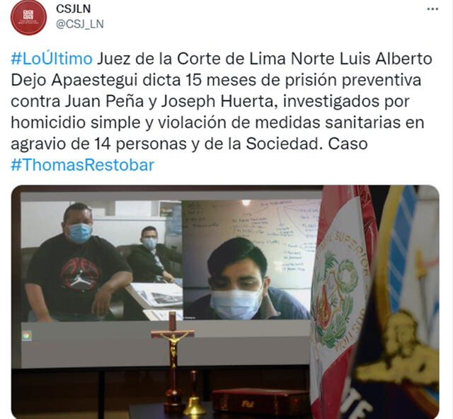 CSJ Lima Norte dicta 15 meses de prisión preventiva para implicados en caso Thomas Restobar. Foto: CSJ