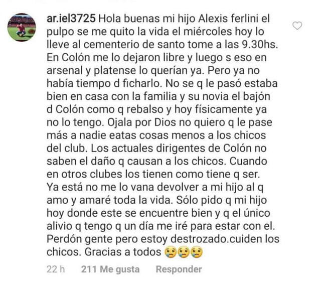 Padre de Alexis Ferlini comenta sobre el deceso de su hijo. Foto: Facebook
