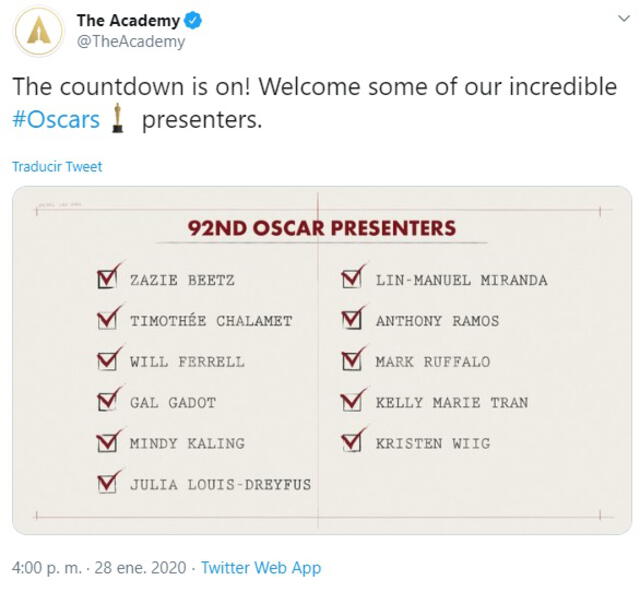 Lista de presentadores para el Oscar 2020