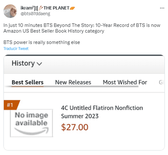 Libro de BTS en los best sellers de Amazon US a 10 minutos del inicio de preventa. Foto: captura de Twitter  
