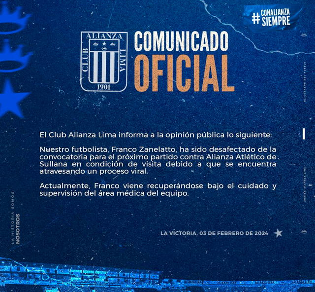 Comunicado del club íntimo acerca de la baja de Franco Zanelatto. Foto: Alianza Lima   