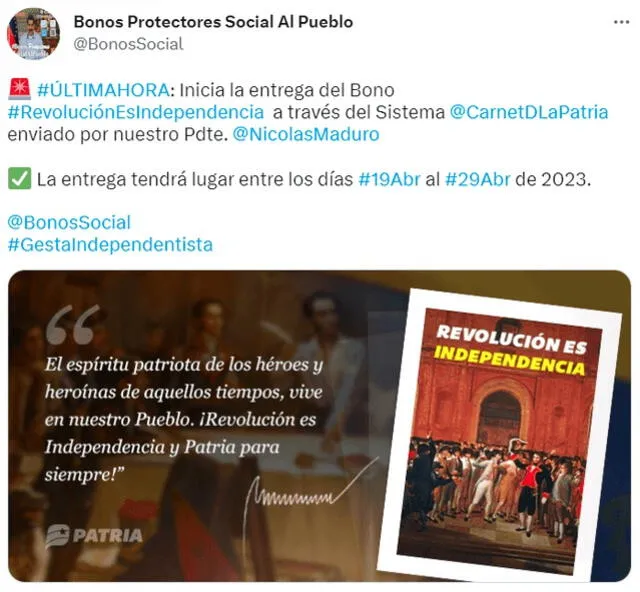 Anuncio del Bono de Independencia en 2023. Foto: Bonos Protectores Social Al Pueblo   