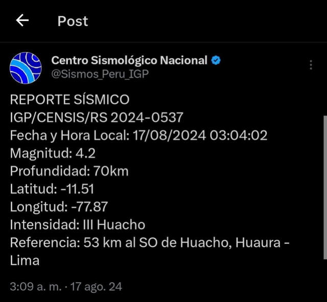  Temblor en Lima de magnitud 4,2   