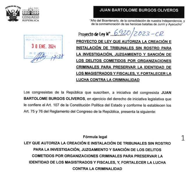  Proyecto de ley sobre creación de tribunales sin rostro de Juan Burgos. 