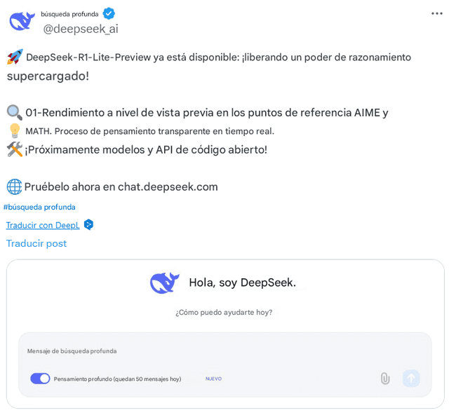 DeepSeek-R1 está diseñado para tareas complejas que requieren razonamiento detallado, y puede "pensar" durante varios segundos antes de generar respuestas. Foto: DeepSeek/X   