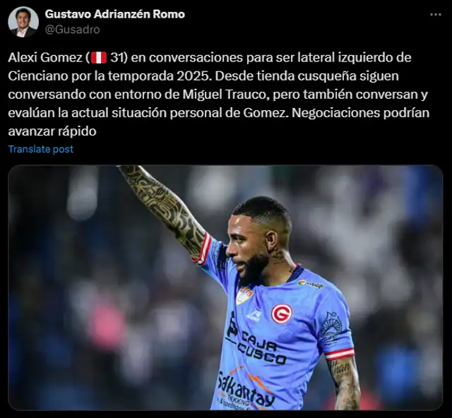  Alexi Gómez podría ser nuevo jugador de Cienciano tras su breve paso por Sport Huancayo. Foto: captura    