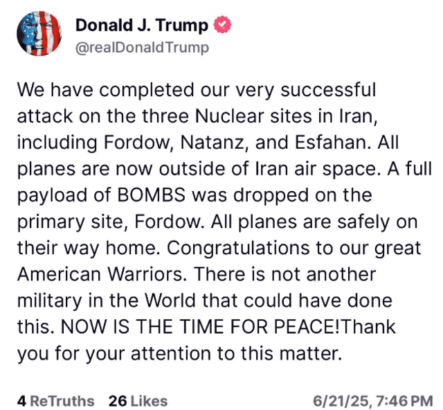 Donald Trump announces U.S. strikes on Iran's nuclear facilities. Photo: @realDonaldTrump/ Truth Social Donald Trump announces U.S. strikes on Iran's nuclear facilities. Photo: @realDonaldTrump/ Truth Social