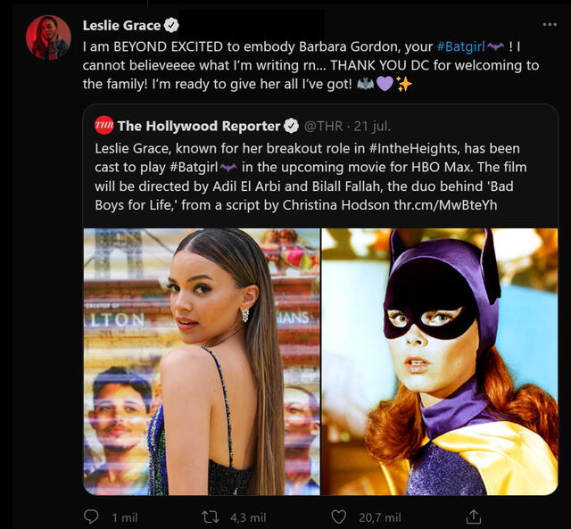 Leslie Grace será Barbara Gordon en Batgirl. Foto: Twitter/@lesliegrace