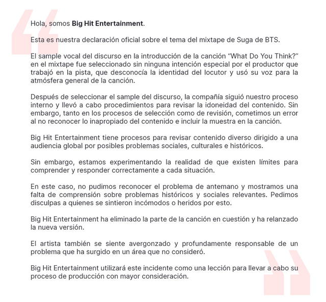 Comunicado de Big Hit Entertainment sobre la controversia en mixtape de Suga (BTS). 31 de mayo, 2020.