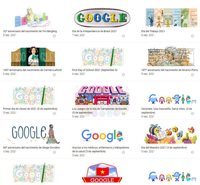 Si tipeas "doodles" en Google y das click al primer resultado, entrarás al archivo oficial de todos los "doodles" del buscador. Foto: Google