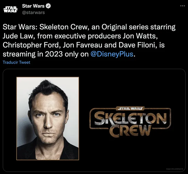 Jude Law ha sido confirmado como uno de los protagonistas de "Star wars: skeleton crew", lo nuevo del universo galáctico de Lucasfilm. Foto: Twitter/@starwars