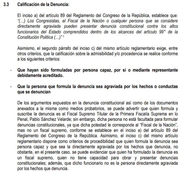 Captura del informe de calificación de la Subcomisión de Acusaciones Constitucionales.