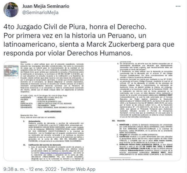 Publicación del denunciante Juan Mejía Seminario