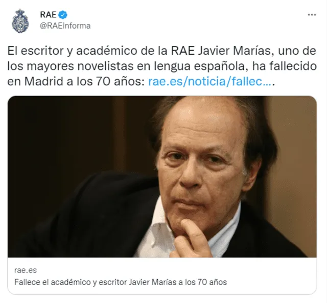 Javier Marías perteneció a la institución desde 2006. Foto: captura de Twitter
