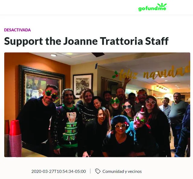 La campaña del restaurante Joanne Trattoria en GoFundMe se desactivó temporalmente tras recibir numerosas críticas.
