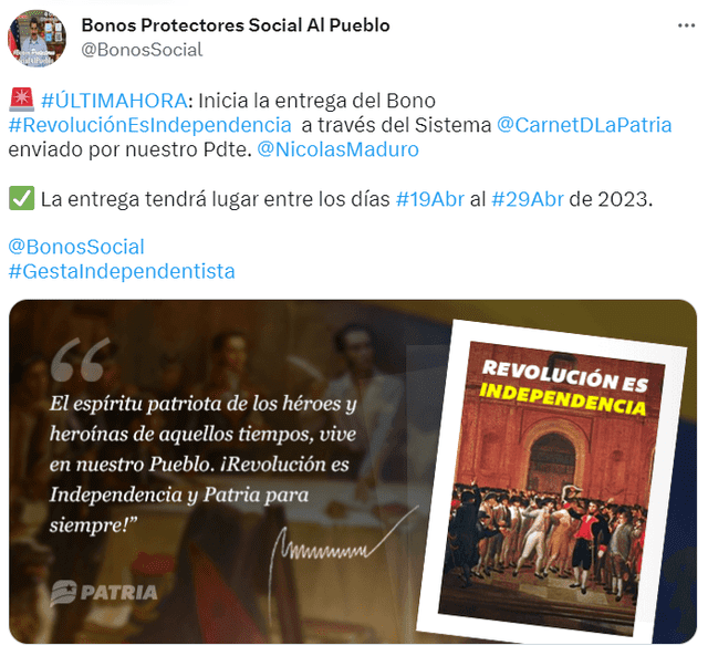 Bono 19 de abril 2023: cobra hoy el subsidio del 19 de abril a través de Patria | Bono Revolución es Independencia HOY | Bono día de la independencia | bono de Maduro 19 de abril | Plataforma Patria | Venezuela 