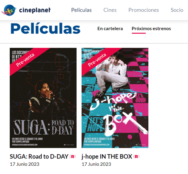 Promoción de Cineplanet para los documentales de Suga y J-Hope de BTS