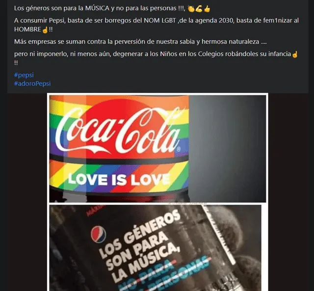  Publicación viral que asume que la campaña de Pepsi de "los géneros son para la música, no para las personas" va en contra de la comunidad LGTBIQ+. Foto: captura de Facebook   