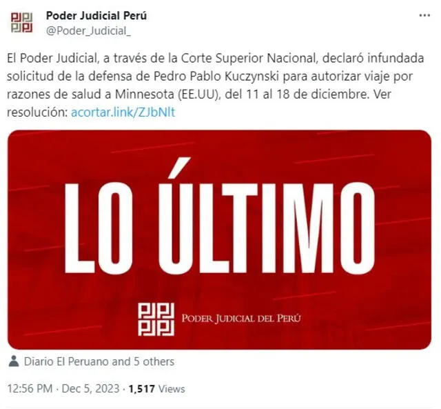  PPK no podrá salir del país como solicitó su defensa. Foto: X/ Poder Judicial   