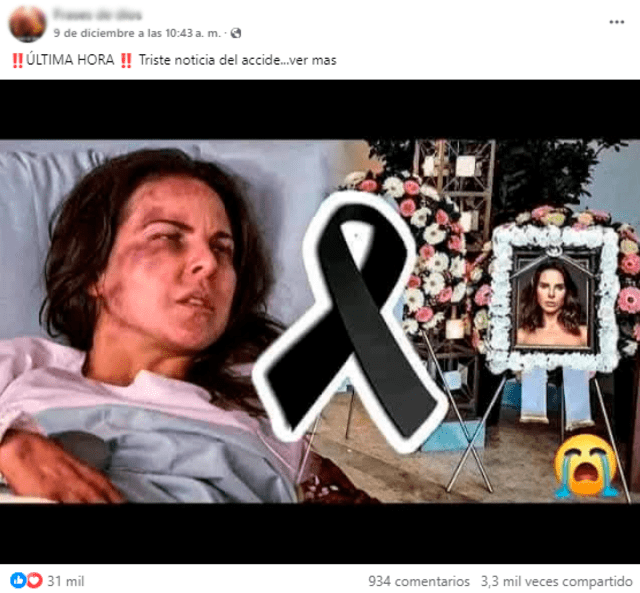 <em> Otra publicación falsa de los usuarios que generan bulos sobre muerte de actores internacionales, esta vez le tocó a Kate del Castillo. Foto: captura de Facebook.</em>   