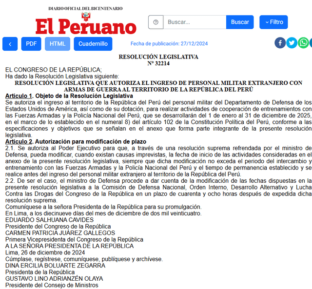 Resolución legislativa publicada en El Peruano. Foto: El Peruano   