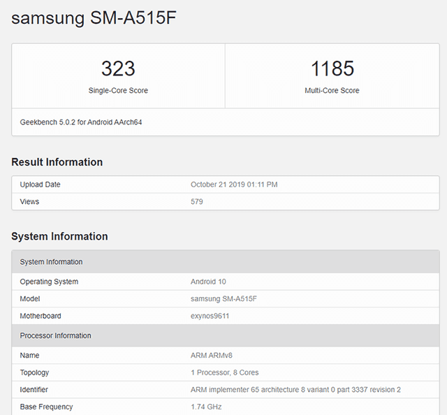 Lista de Geekbench con el Samsung Galaxy A51. | Foto: Geekbench.