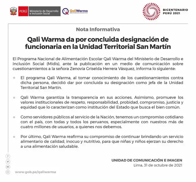 La decisión fue comunicada a través de los canales oficiales del Midis.