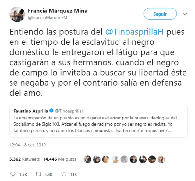 Francia  Márquez le responde a 'Tino' Asprilla