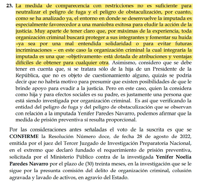 Voto en discordia de la jueza Guillén Ledesma sobre el caso de Yenifer Paredes. Foto: documento