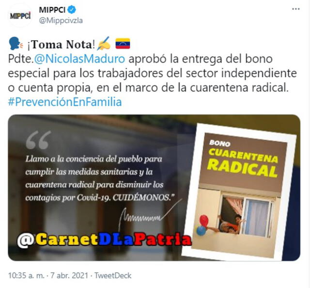 El Bono Cuarentena Radical está activo otra vez en Venezuela. Foto: captura de Twitter