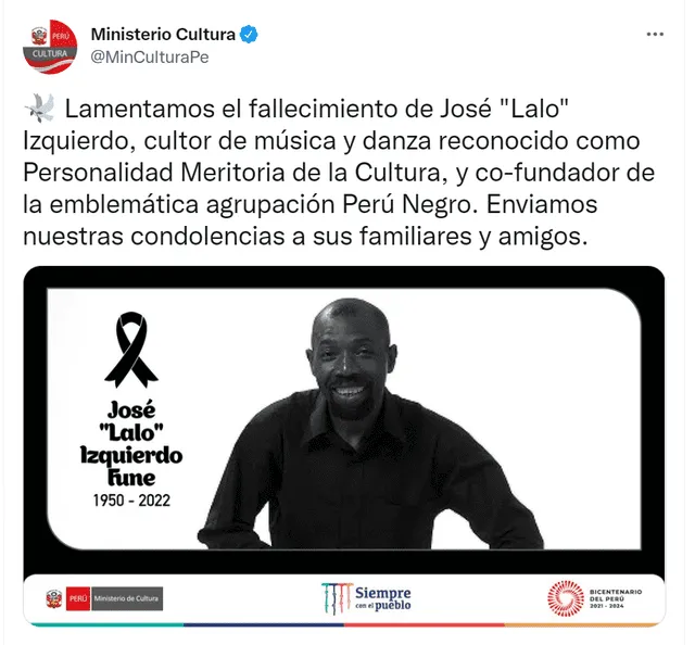 Tuit del Ministerio de Cultura sobre la muerte de Lalo Izquierdo.