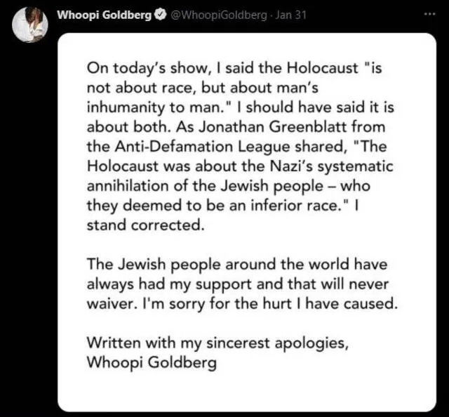 Whoopi Goldberg se disculpa tras comentarios. Foto: Whoopi Goldberg/ Twitter